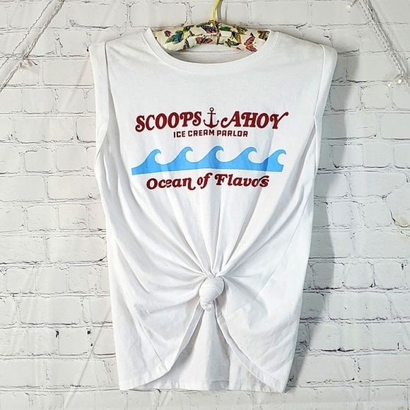 Netflix Stranger Things Scoops Ahoy Ice Cream Parlor White Tie Front Shirt Sz S - Picture 1 of 17